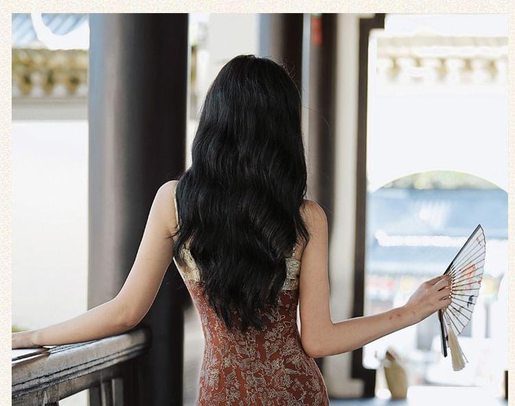 Spaghetti Strap Jacquard Slit Midi Sheath Dress / Plain Cardigan Product Image