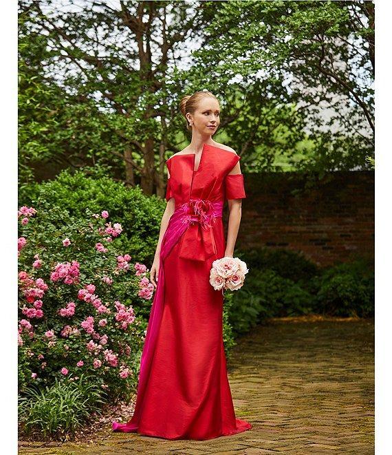 Terani Couture Mikado Asymmetrical One Shoulder Short Sleeve Bow Sash Gown Product Image