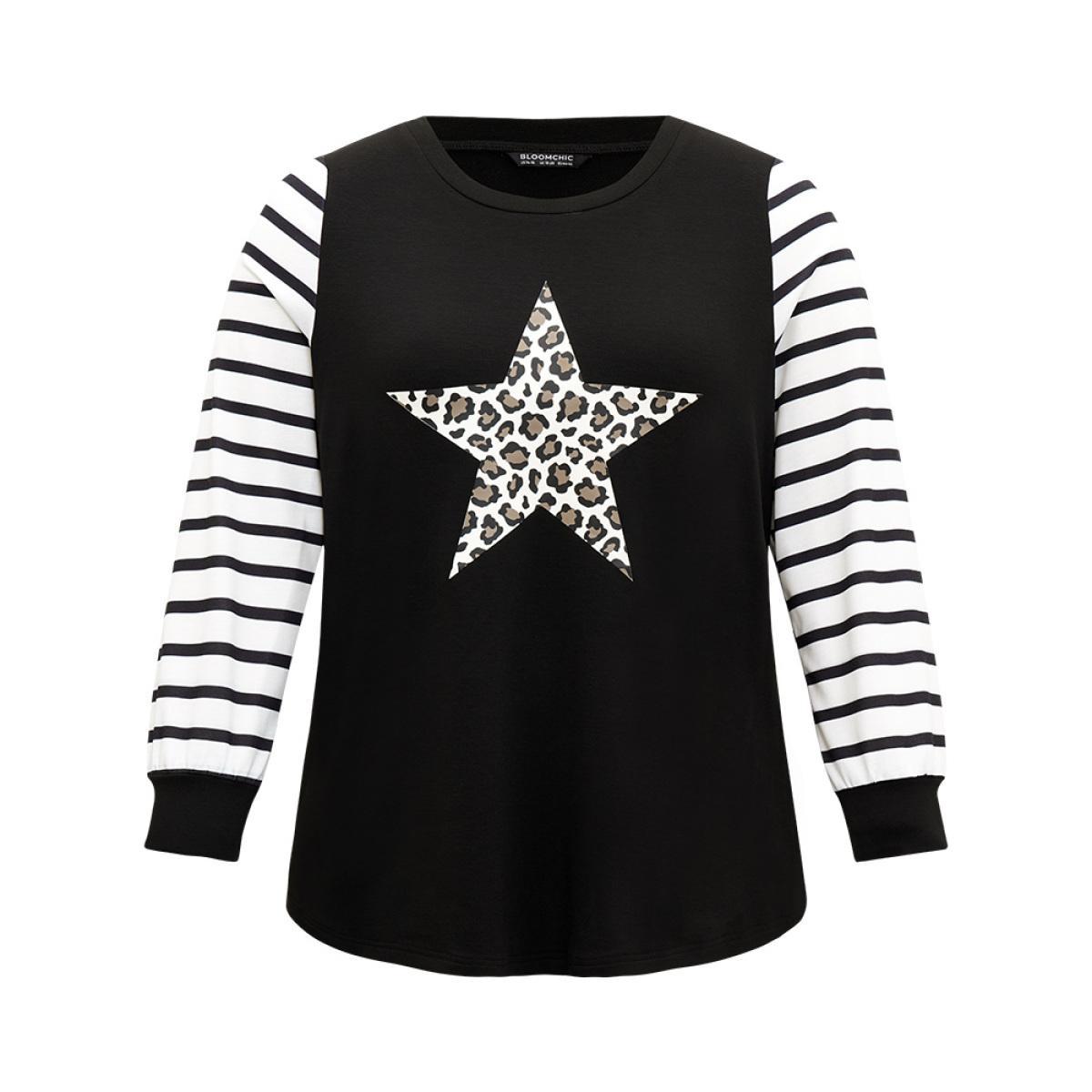 Plus Size Star Leopard Print Striped Patchwork Crew Neck Sweatshirt Women Black Casual Elastic cuffs Dailywear Sweatshirts BloomChic 26/4X Product Image