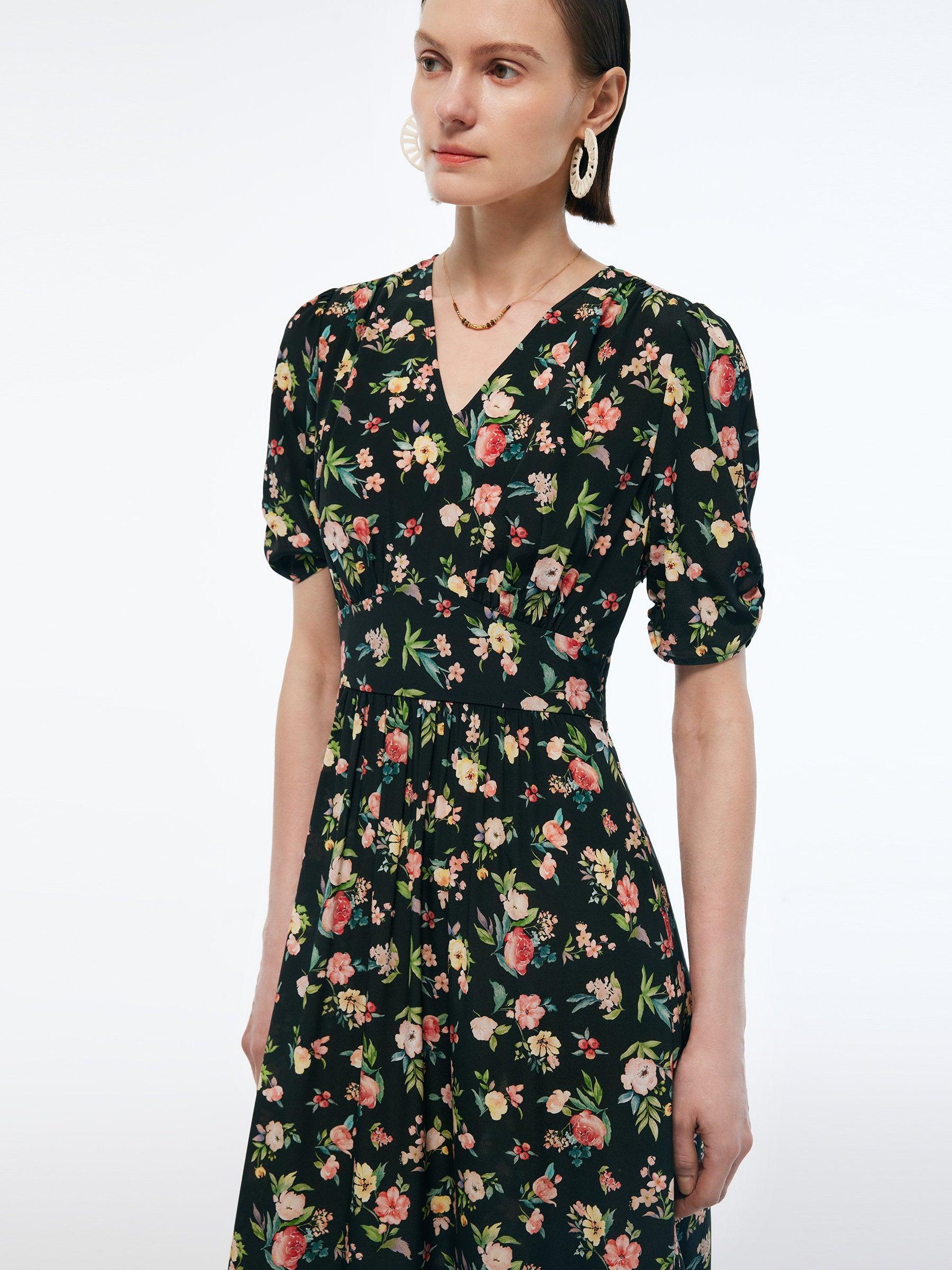 16MM Mulberry Silk Floral Print Women Puff Sleeve Maxi Dress Product Image