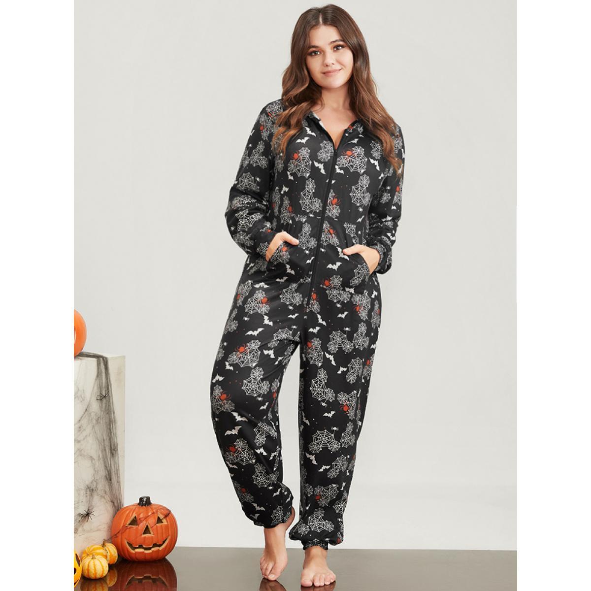 Plus Size Halloween Print Pocket Zip Up Jumpsuit Women Black Elegant Graphic-Halloween Zipper Hooded Pocket Loungewear BloomChic 22-24/3X Product Image