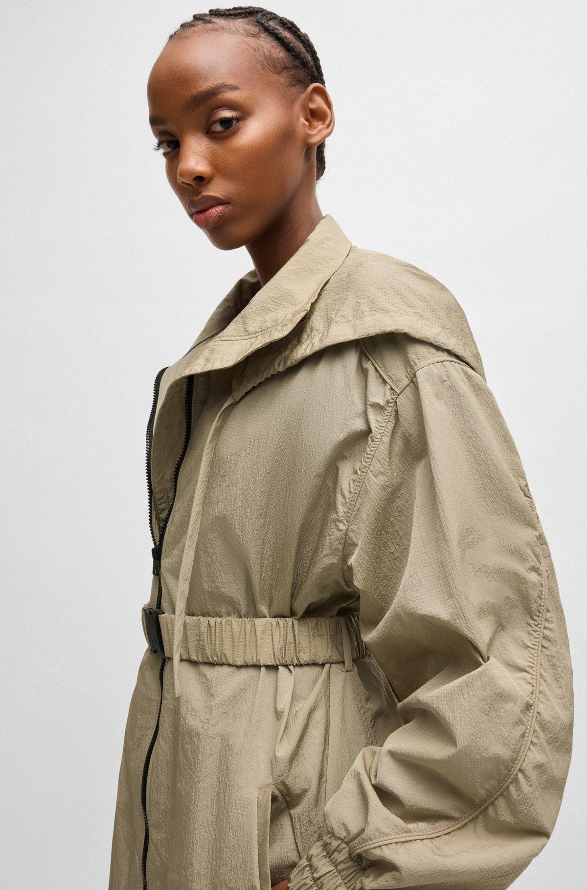 HUGO - Long-length belted parka jacket in seersucker fabric - Light Beige Product Image