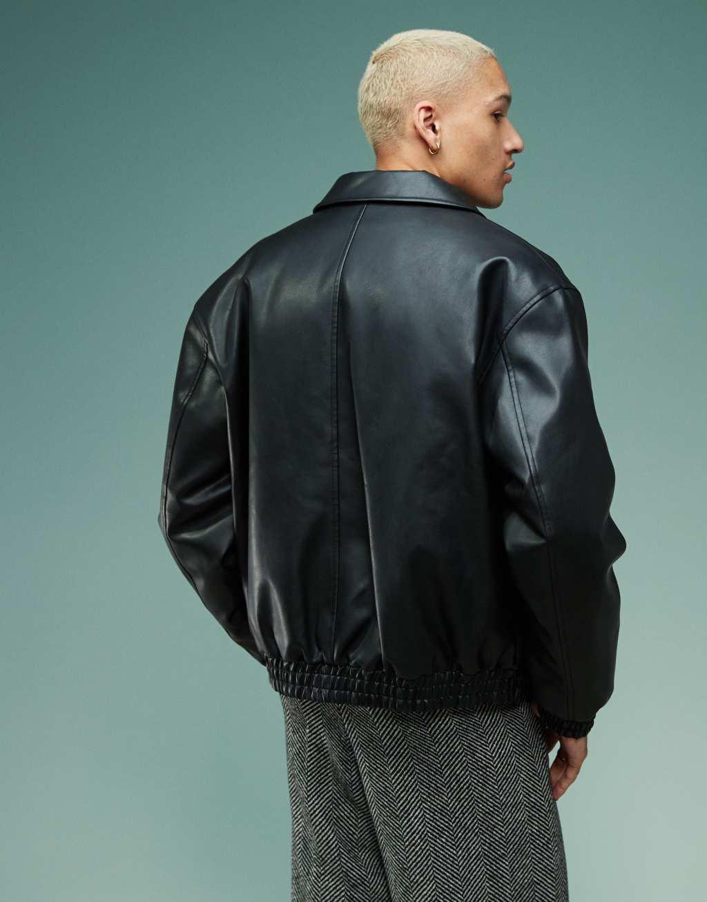 ASOS DESIGN faux leather oversized padded harrington jacket in black Product Image