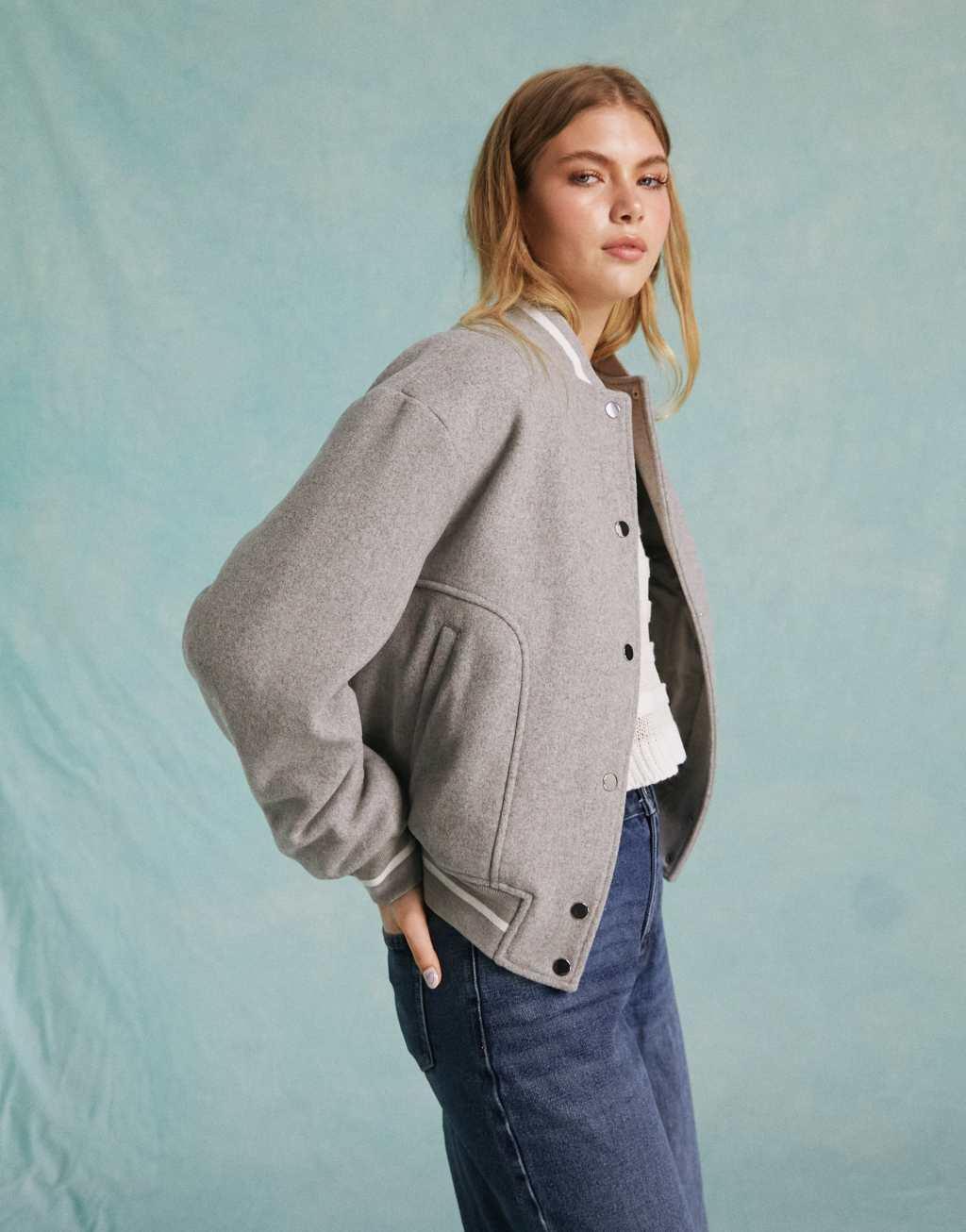 Miss Selfridge brushed oversized bomber jacket with contrast stitching-Gray Product Image