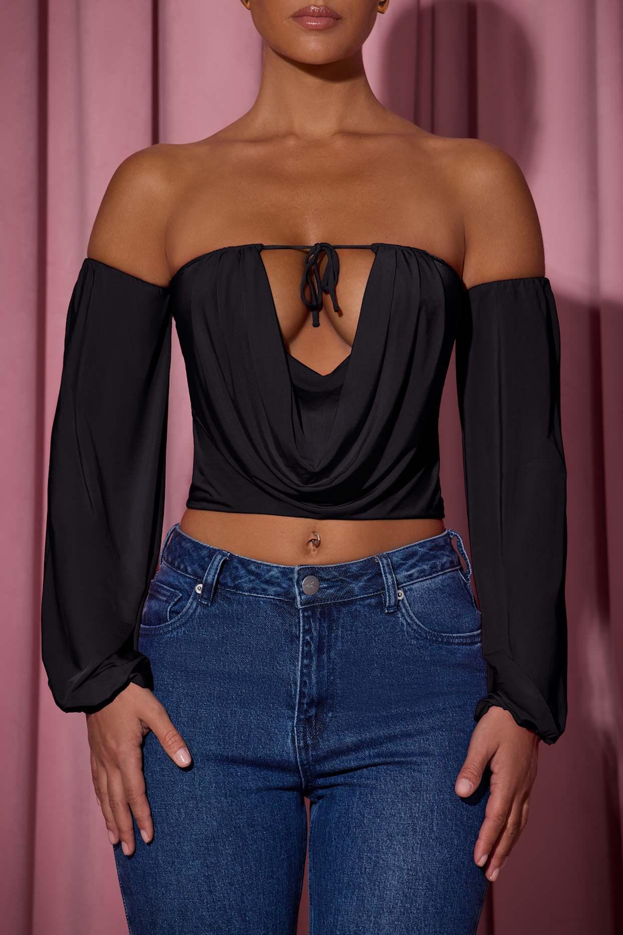 Off-Shoulder Draped Balloon-Sleeve Top in Black Product Image
