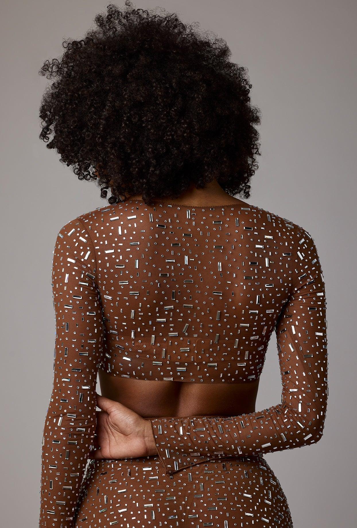 Sheer Embellished V Waist Mini Skirt in Mocha Product Image