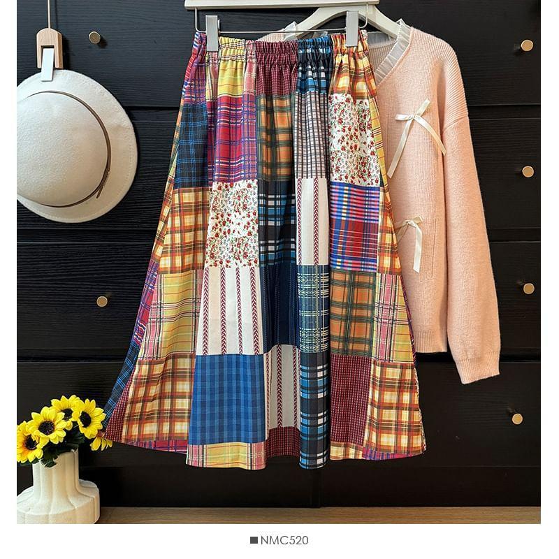 Patchwork Plaid A-Line Midi Skirt Product Image