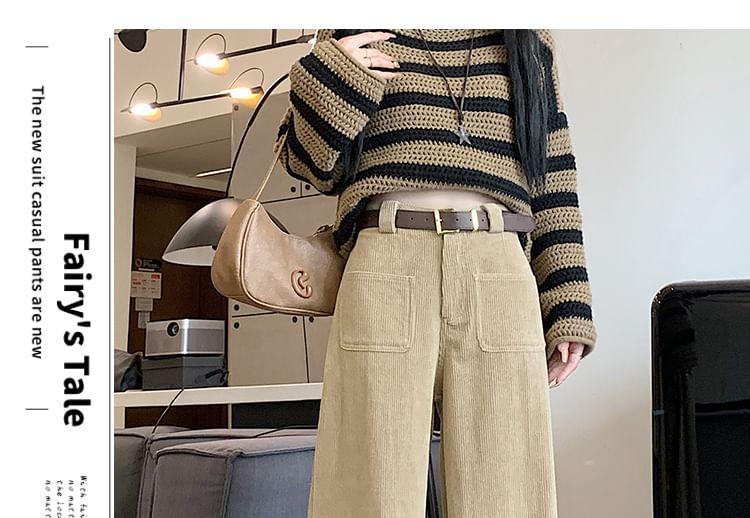 High Rise Plain Corduroy Wide Leg Pants / Belt / Set Product Image