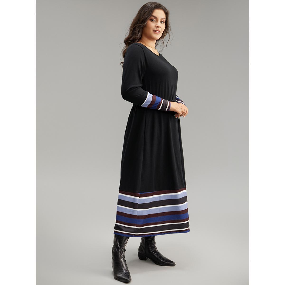 Plus Size Striped Patchwork Contrast Crew Neck Dress Black Women Casual Contrast Round Neck Long Sleeve Curvy Midi Dress BloomChic 18-20/2X Product Image