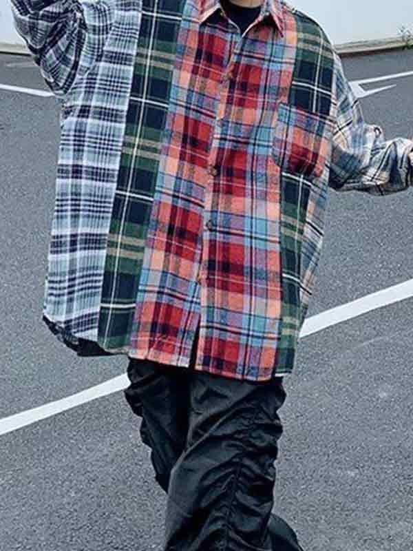 Men's Vintage Plaid Splice Long Sleeve Blouse Product Image