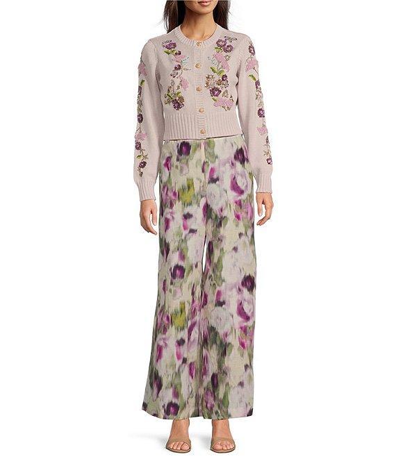 Muse by Marchesa Cara Cotton Blend Crew Neck Long Sleeve Applique Cardigan Product Image