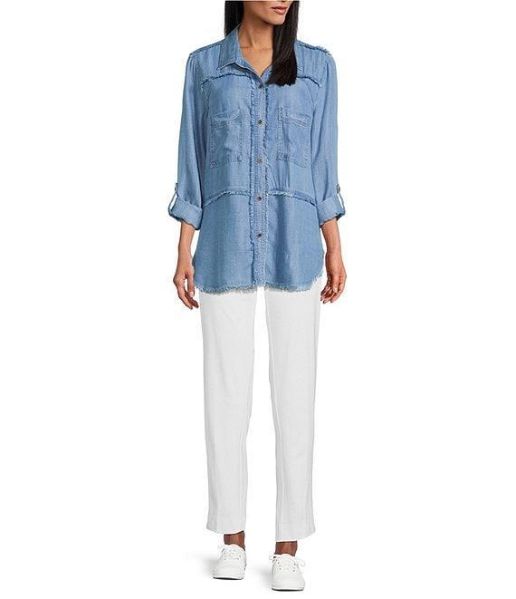 Multiples Lyocell Twill Point Collar Long Roll-Tab Sleeve Button-Front Fringed Shirt Product Image
