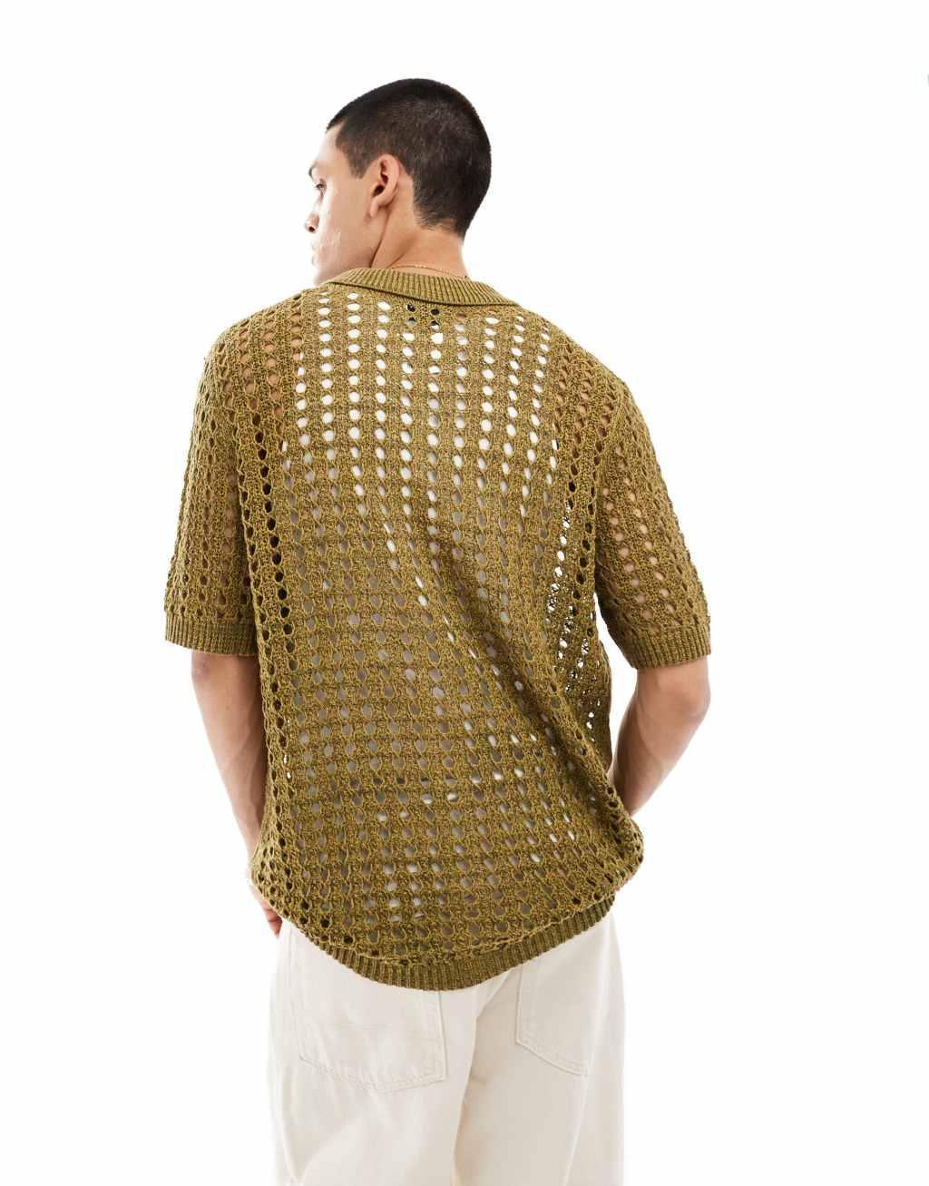 ASOS DESIGN relaxed knit pointelle button up polo in olive Product Image