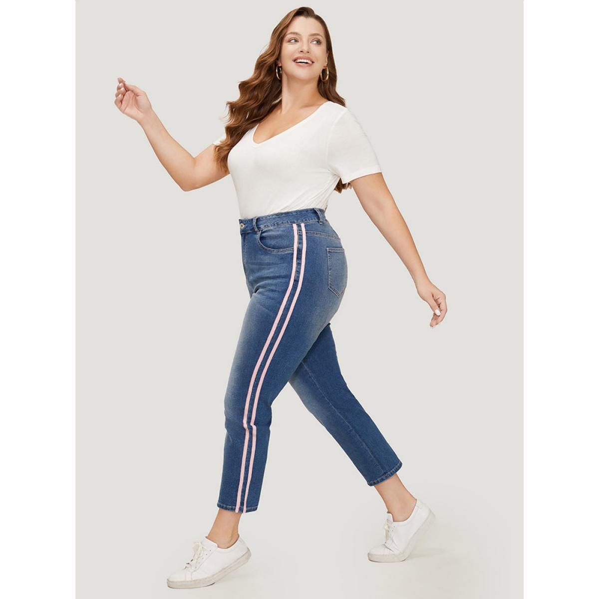 Plus Size Very Stretchy Medium Wash Contrast Striped Jeans Women Blue Casual Plain Patchwork High stretch Pocket Jeans BloomChic 14/1X Product Image