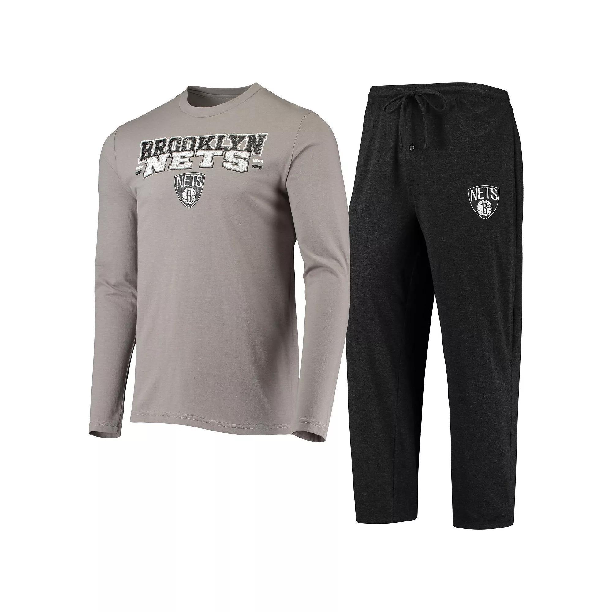 Men's Concepts Sport Black/Gray Brooklyn Nets Long Sleeve T-Shirt & Pants Sleep Set, Size: Large Product Image
