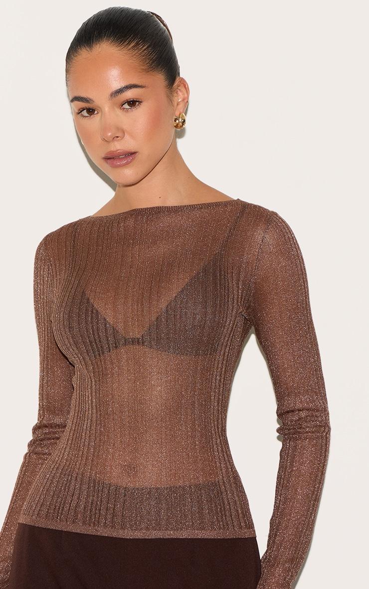 Chocolate Sheer Knit Long Sleeve Boat Neck Top Product Image