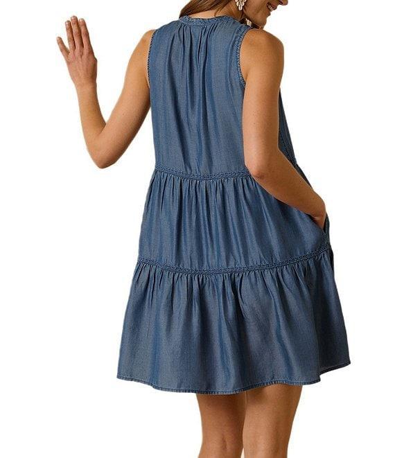 Tommy Bahama Chambray Split V-Neck Sleeveless Ruffle Tiered Hem Dress Swim Cover-Up Product Image