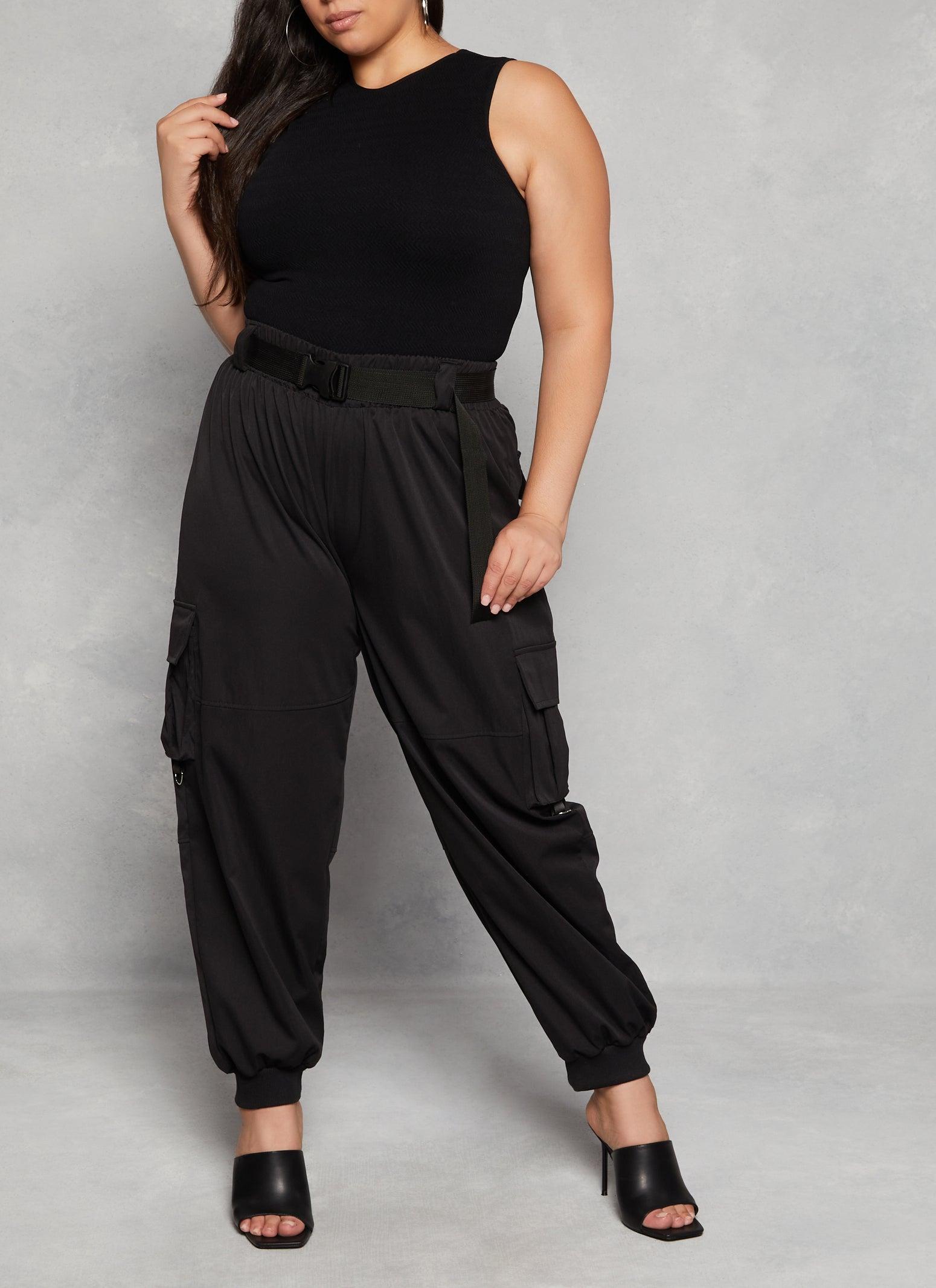 Womens Plus Size Poplin Belted Cargo Joggers Product Image