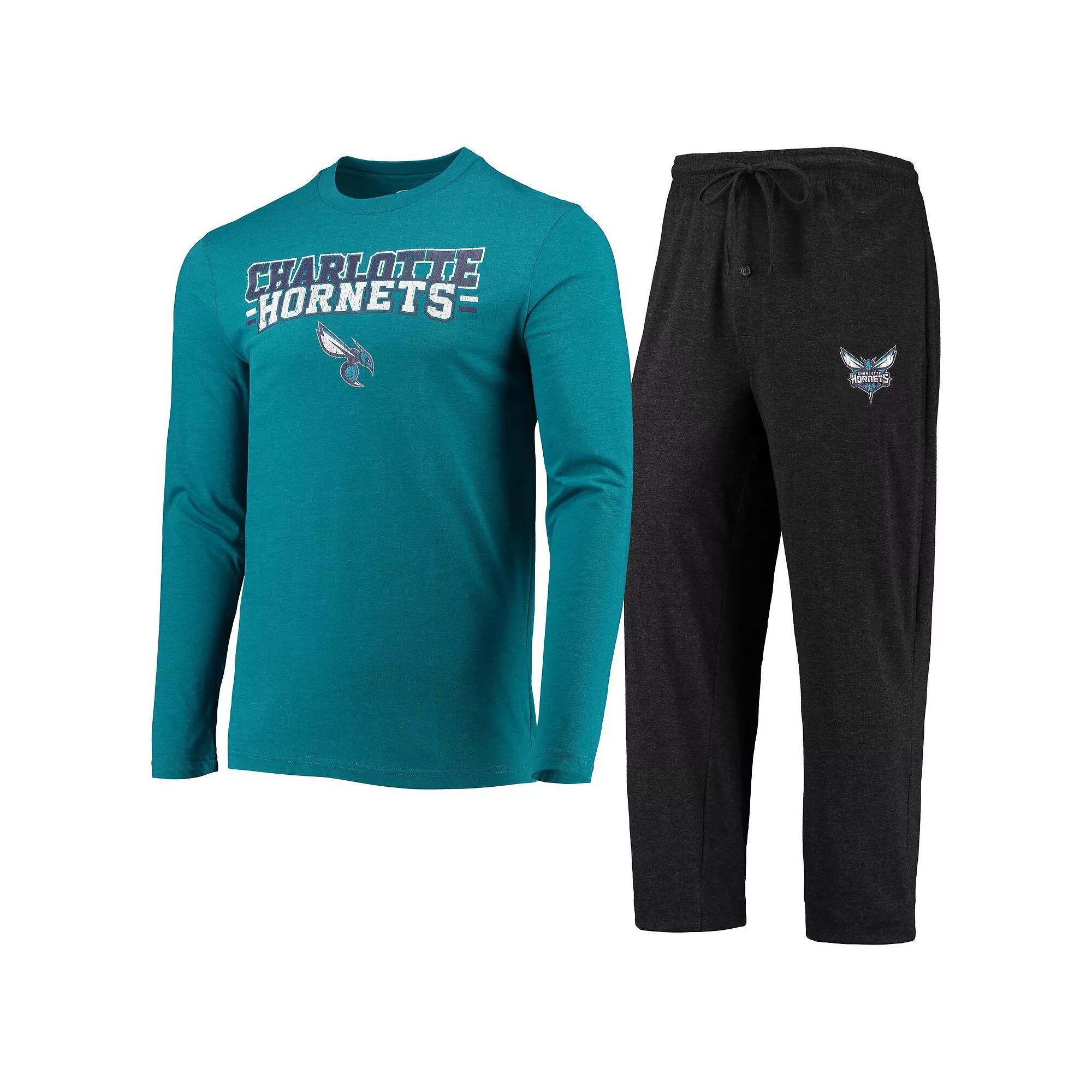 Men's Concepts Sport Black/Teal Charlotte Hornets Long Sleeve T-Shirt & Pants Sleep Set, Size: XL, Chr Black Product Image