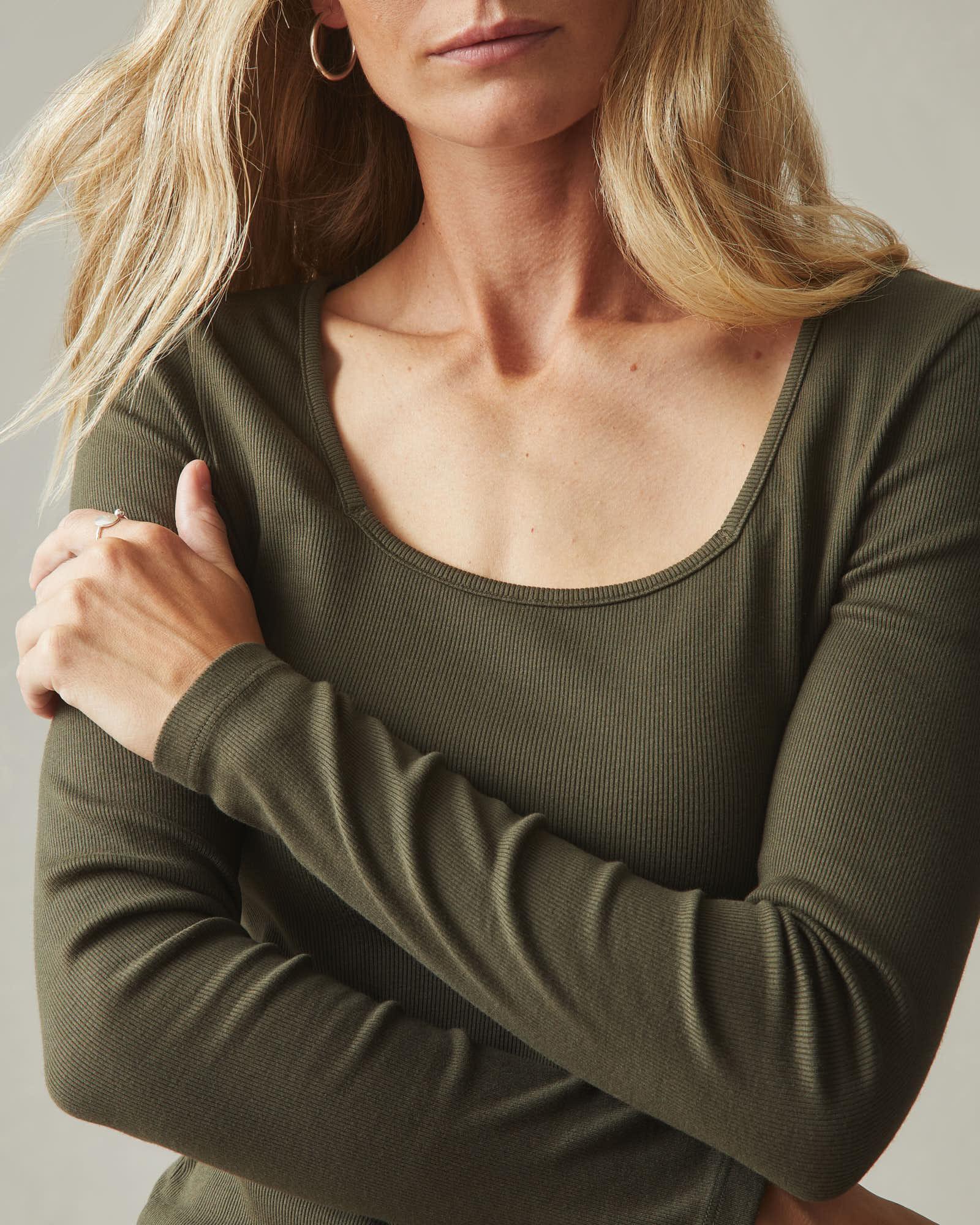 Women's Stretch Rib Square Neck Long Sleeve - Deep Olive Female Product Image