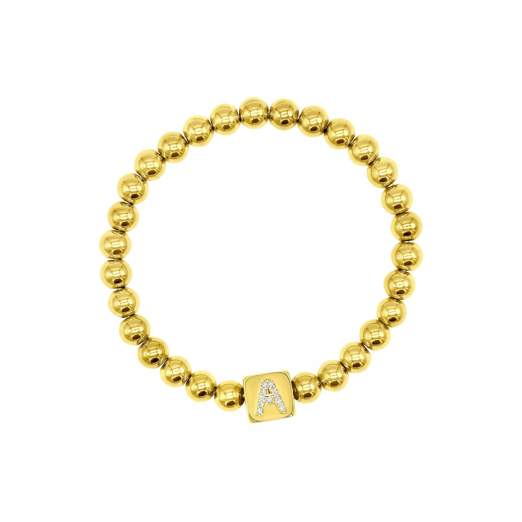 Adornia Gold Tone Initial Cubic Zirconia Cube & Bead Stretch Bracelet, Womens Product Image