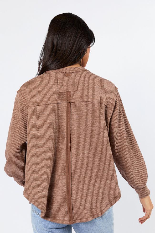 Never Say Never Mocha Ribbed Knit V-Neck Long Sleeve Top FINAL SALE Product Image