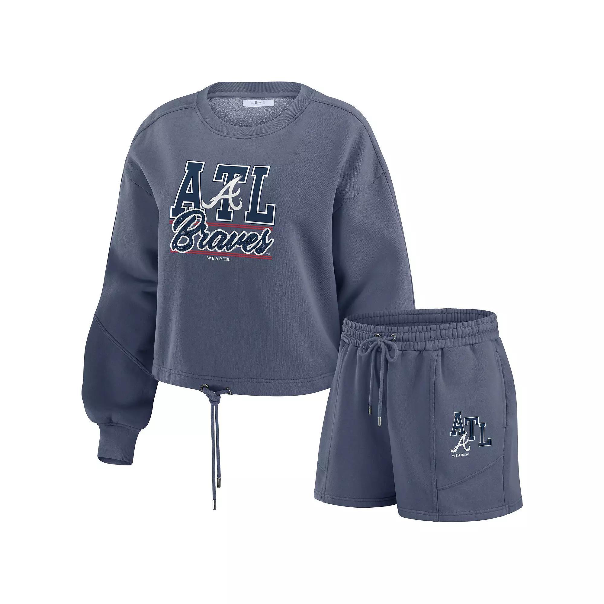 Women's WEAR by Erin Andrews Black Carolina Panthers Washed Fleece Long Sleeve T-Shirt & Shorts Lounge Set, Size: Large Product Image