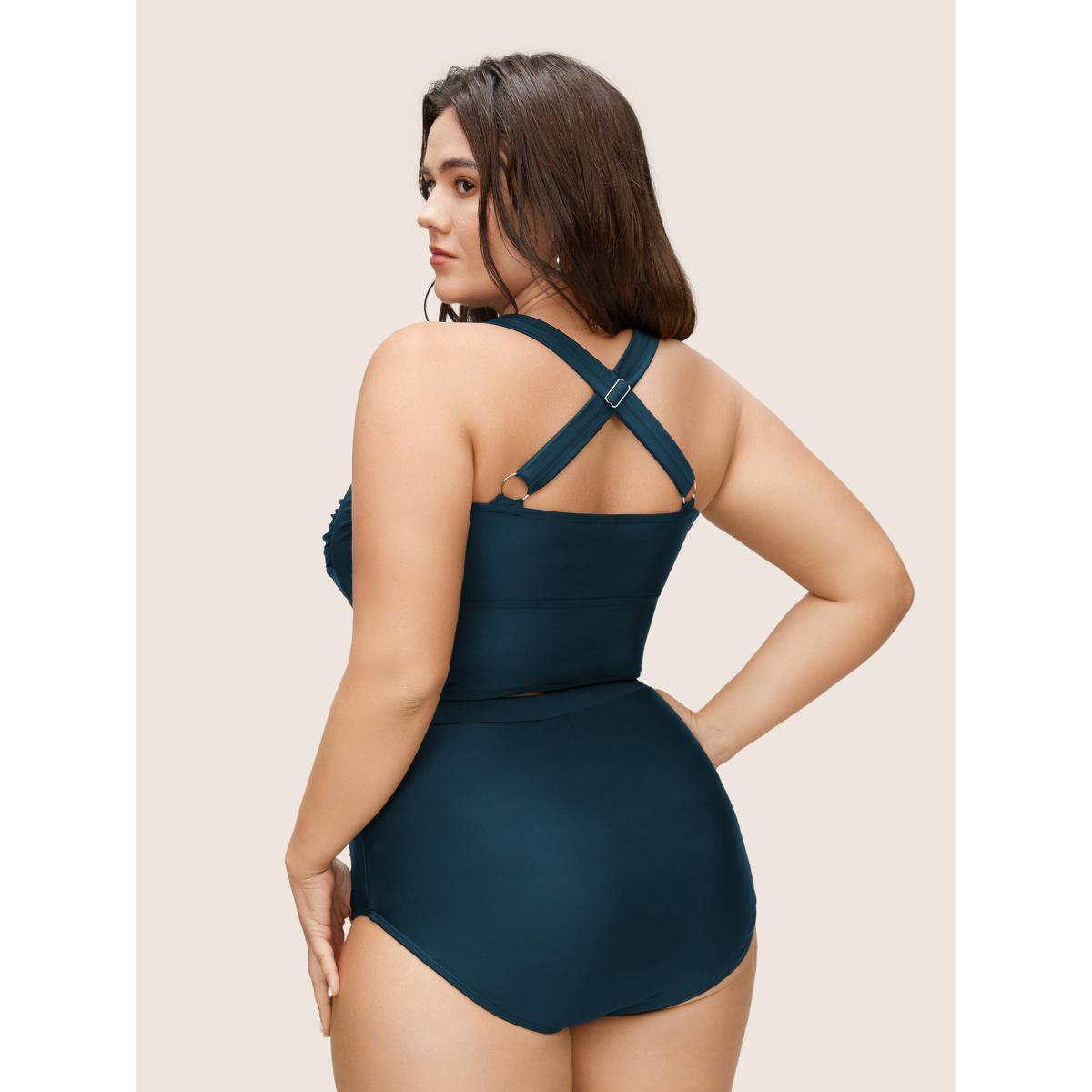Plus Size Solid Crossover Square Neck Adjustable Straps Swim Top Women's Swimwear Cyan Beach Twist High stretch Skinny Square Neck Curve Swim Tops BloomChic 30/6X Product Image