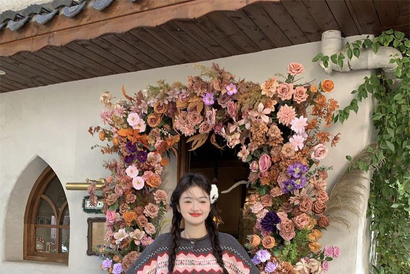 Round Neck Color Block Jacquard Cardigan Product Image