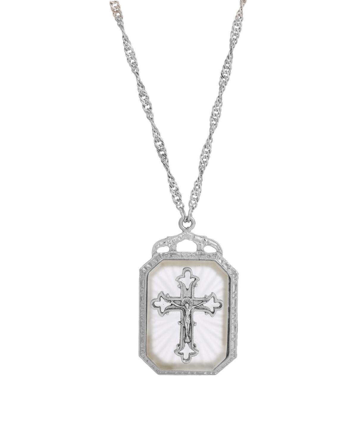 Symbols of Faith Silver-Tone Frosted Stone with Crystal Cross Large Pendant Necklace, Womens, White Product Image