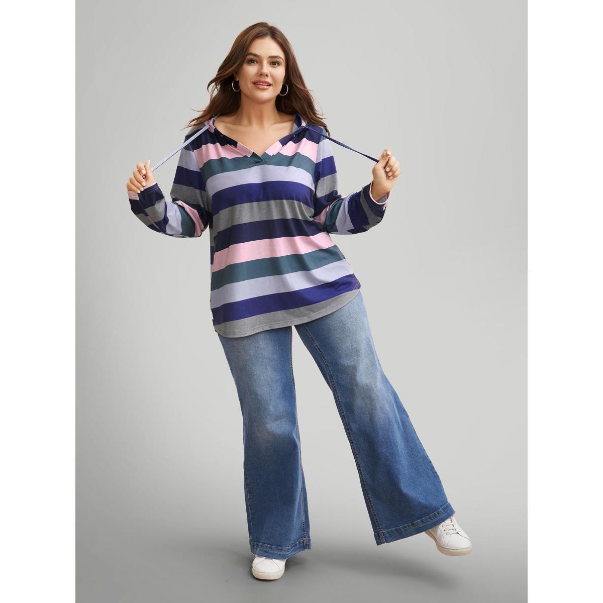 Plus Size Contrast Striped Hooded Drawstring T-shirt Multicolor Women Casual Drawstring Hooded Everyday T-shirts BloomChic 14-16/1X Product Image