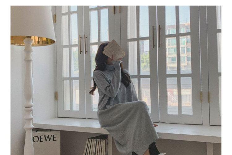 Long Sleeve Turtleneck Plain Midi Sweater Dress Product Image