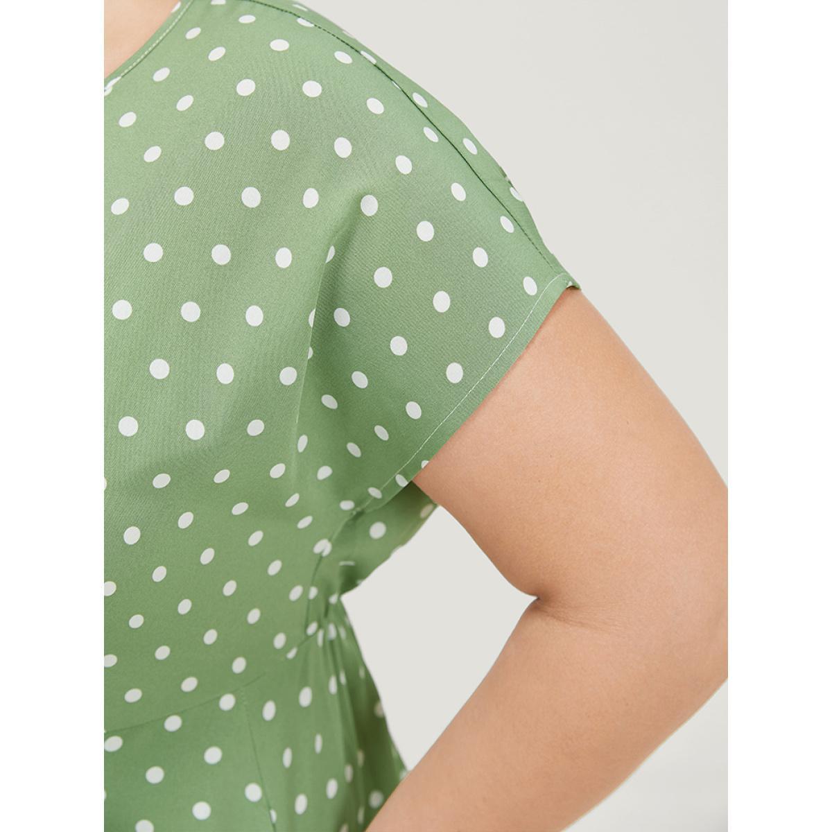 Plus Size Polka Dot Pocket Button Detail Twist Front Knee Dress Green Women Elegant Knotted V-neck Cap Sleeve Curvy Knee Dress BloomChic 10/M Product Image