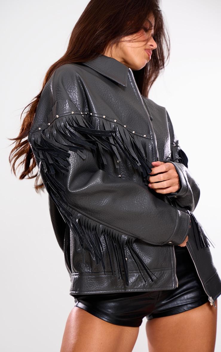 Black Faux Leather Fringe Detail Studded Oversized Jacket Product Image