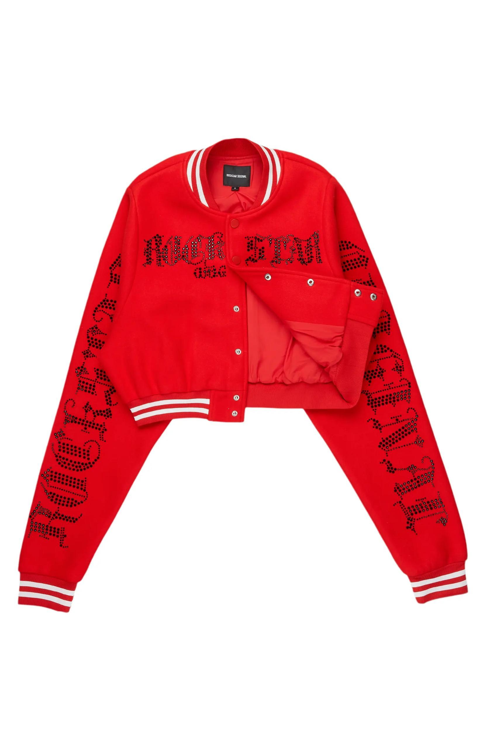 Gianni Red Crop Rhinestone Varsity Jacket Female Product Image