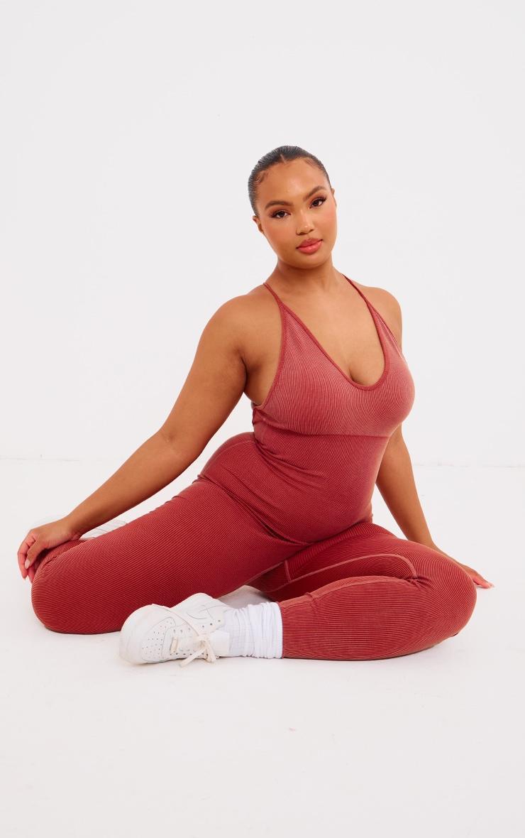 Plus Rust Acid Wash Seamless Rib Strappy Long Unitard Product Image