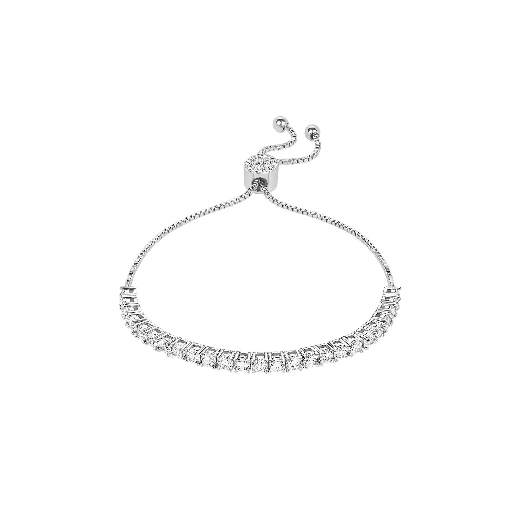PRIMROSE Fine Silver Plated Cubic Zirconia Box Chain with Crystal Slider Bracelet, Women's, Size: 7.5", Silver Tone White Product Image