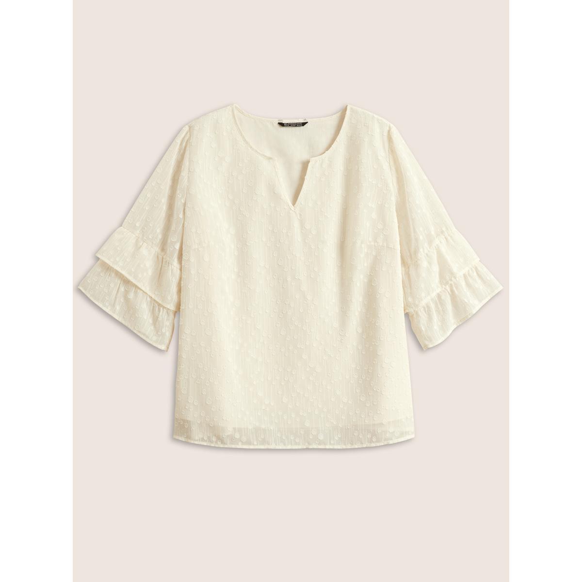 Plus Size Ivory Plisse Mesh Flutter Layered Sleeve Blouse Women Elegant Elbow-length sleeve V-neck Everyday Blouses BloomChic 18-20/2X Product Image
