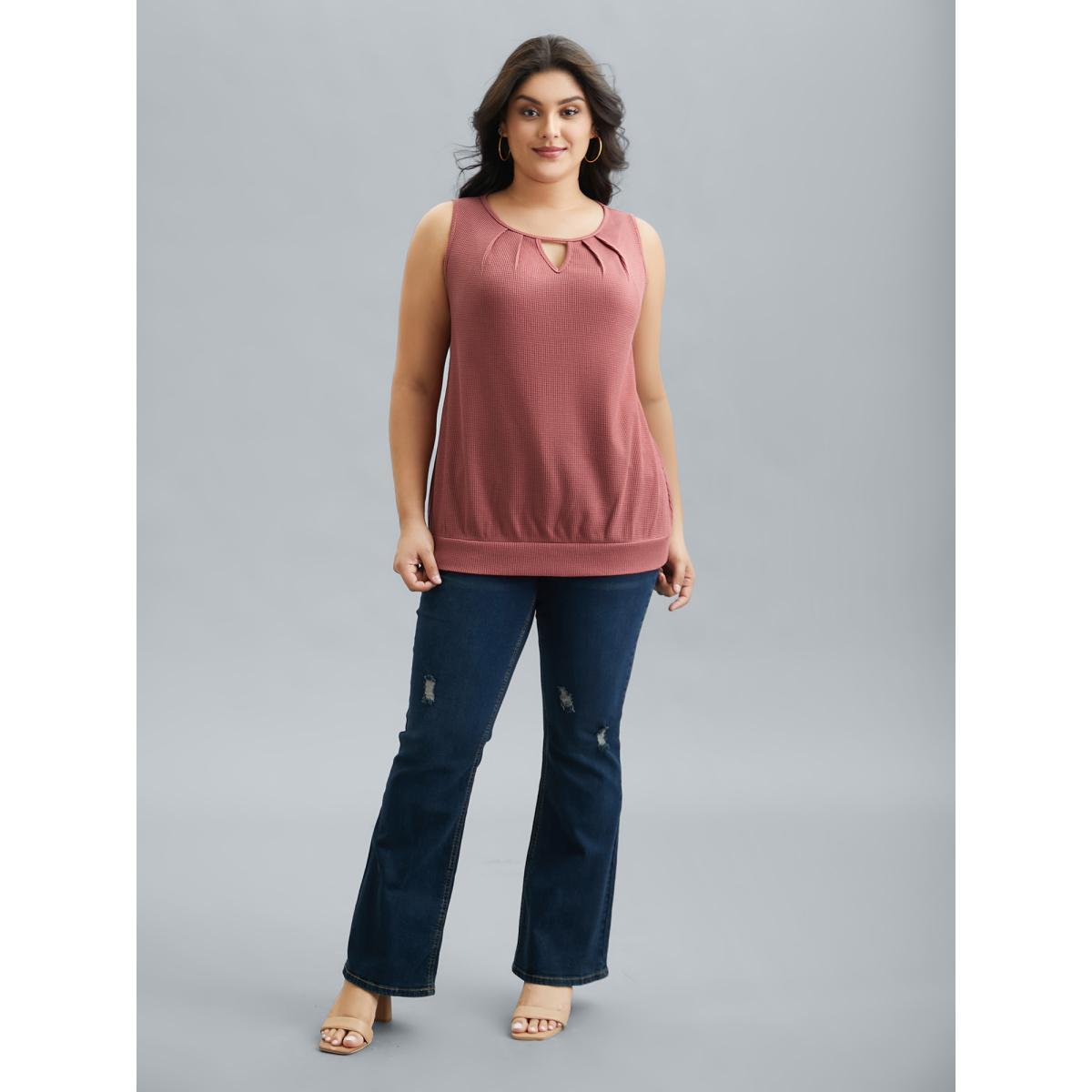 Plus Size Neck Cut-Out Textured Stretchy Vest Women DustyPink Casual Texture Round Neck Everyday Tank Tops Camis BloomChic 22-24/3X Product Image