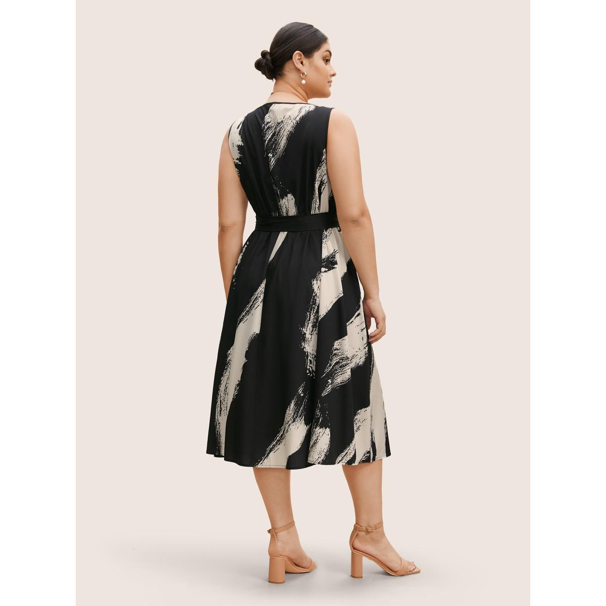 Plus Size Marble Print Sleeveless Belted Midi Dress Black Women At the Office Belted Round Neck Sleeveless Curvy BloomChic 30/6X Product Image