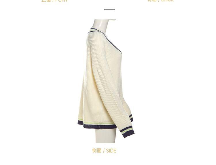 V-Neck Plain Contrast Trim Ribbed Sweater Product Image