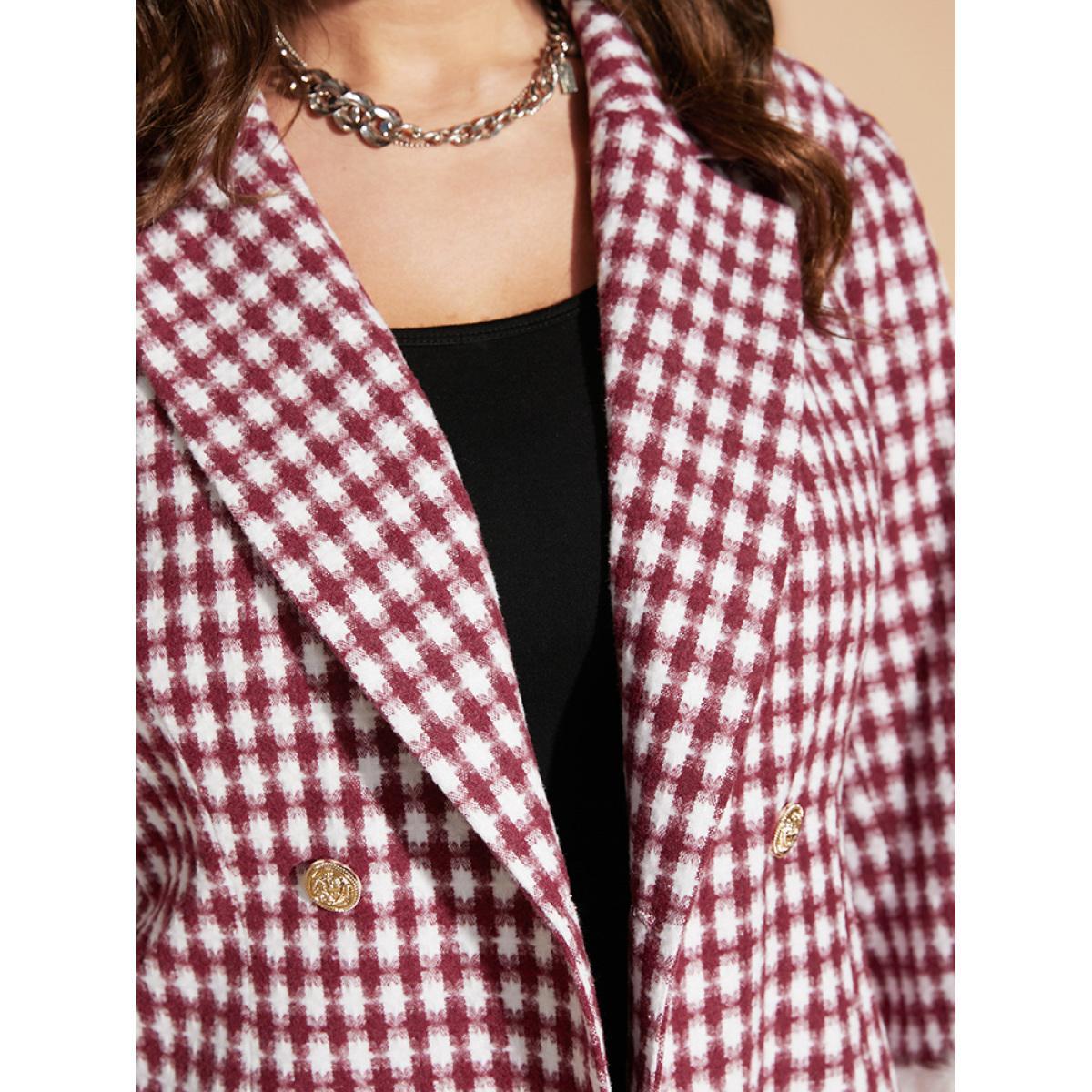 Plus Size Gingham Fuzzy Trim Button Front Blazer Scarlet Women Dailywear Gingham Button Sleeve Long Sleeve Suit Collar 26/4X Elegant Blazers BloomChic Product Image