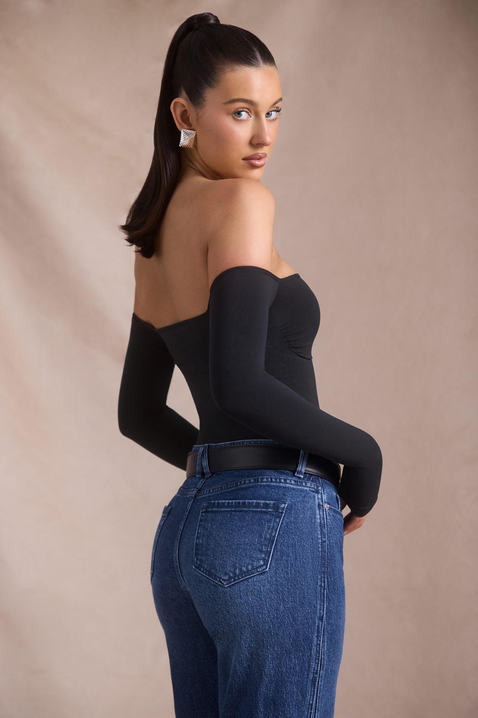 Seamless Off-Shoulder Long-Sleeve Bodysuit in Black Product Image