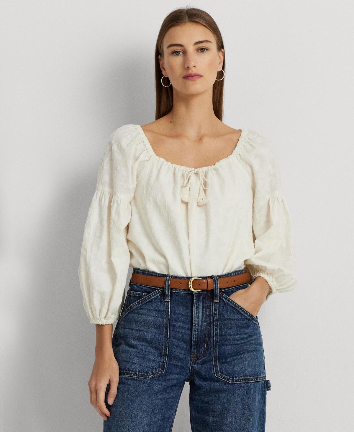 Lauren Ralph Lauren Paisley Cotton Jacquard Blouse (Mascarpone Cream) Women's Clothing Product Image