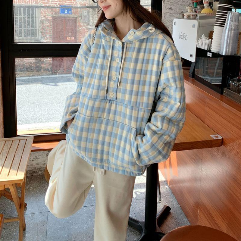 Gingham Drawstring Half-Buttoned Hoodie Product Image