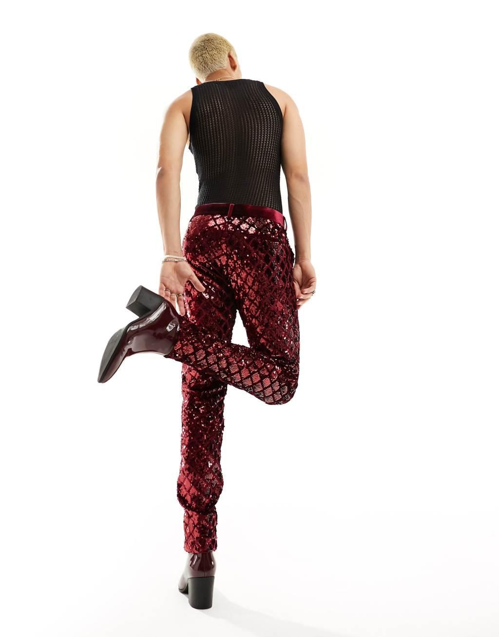 ASOS DESIGN skinny suit pants in diamond sequin in burgundy Product Image