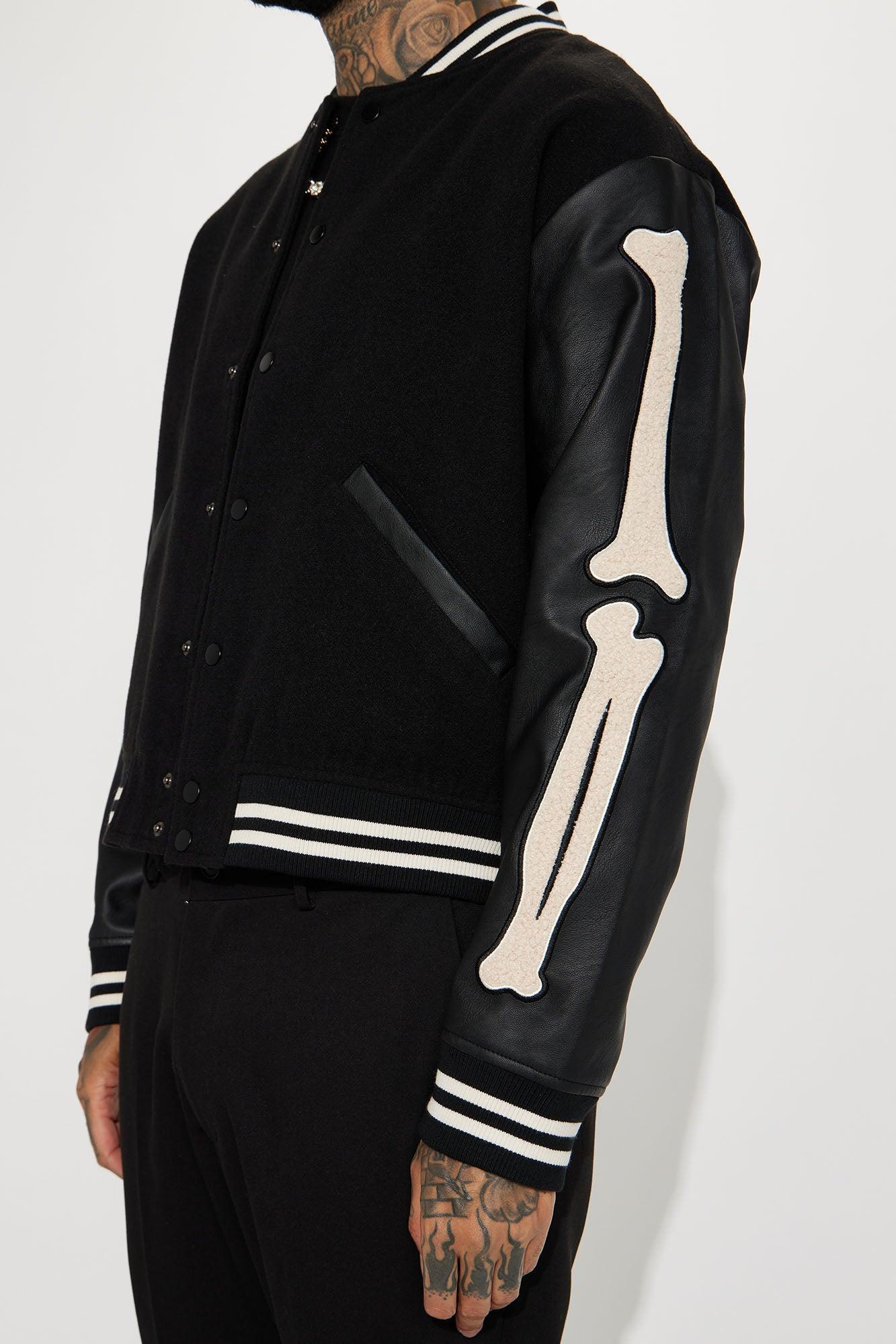 Bone Applique Varsity Bomber Jacket - Black Product Image