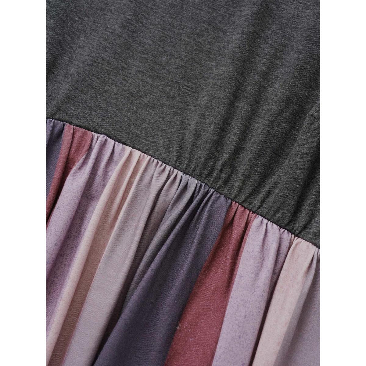 Plus Size Solid Patchwork Pocket Striped Flutter Hem Dress Burgundy Women Casual Non Round Neck Elbow-length sleeve Curvy Midi Dress BloomChic 14-16/1X Product Image