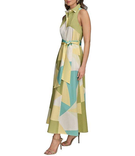 Donna Karan Sateen Button Front Collar Sleeveless Geometric Print Dress Product Image