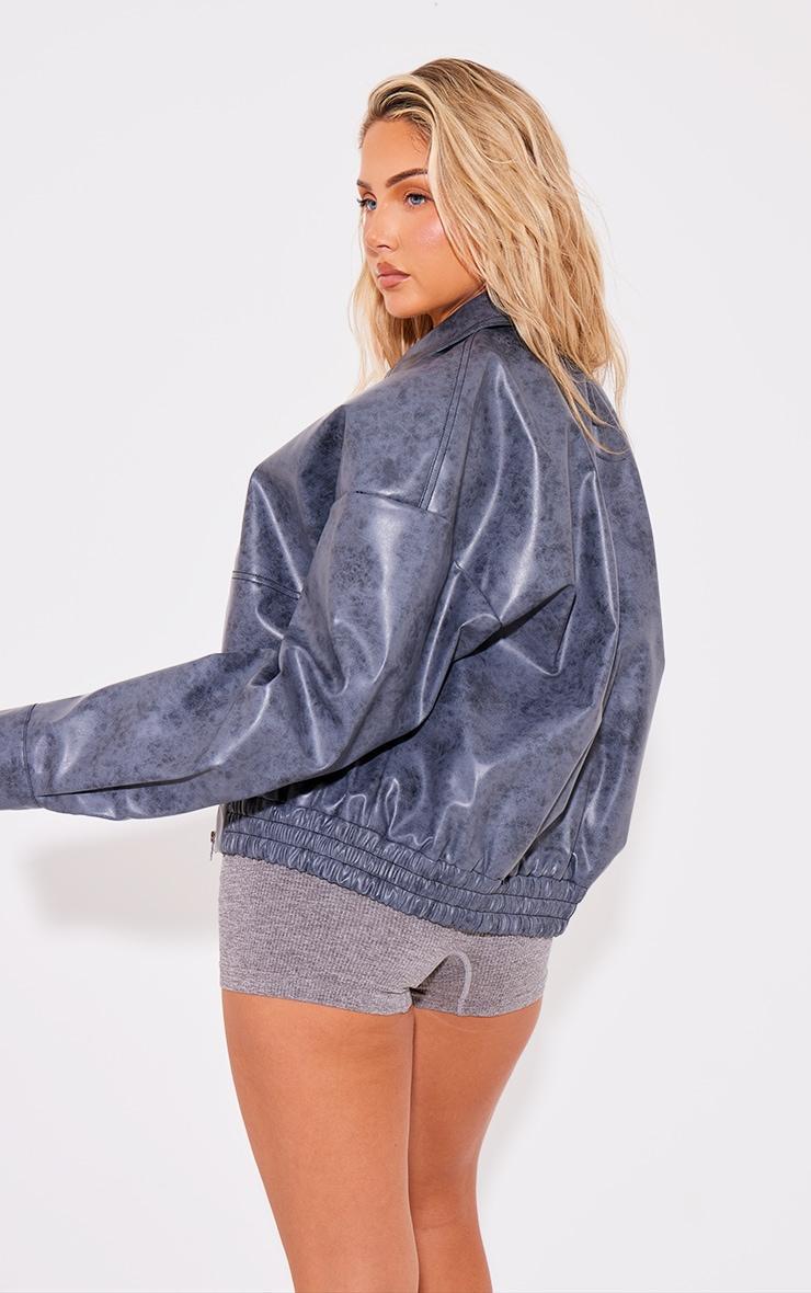 Blue Grey Distressed Faux Leather Zip Up Oversized Jacket Product Image